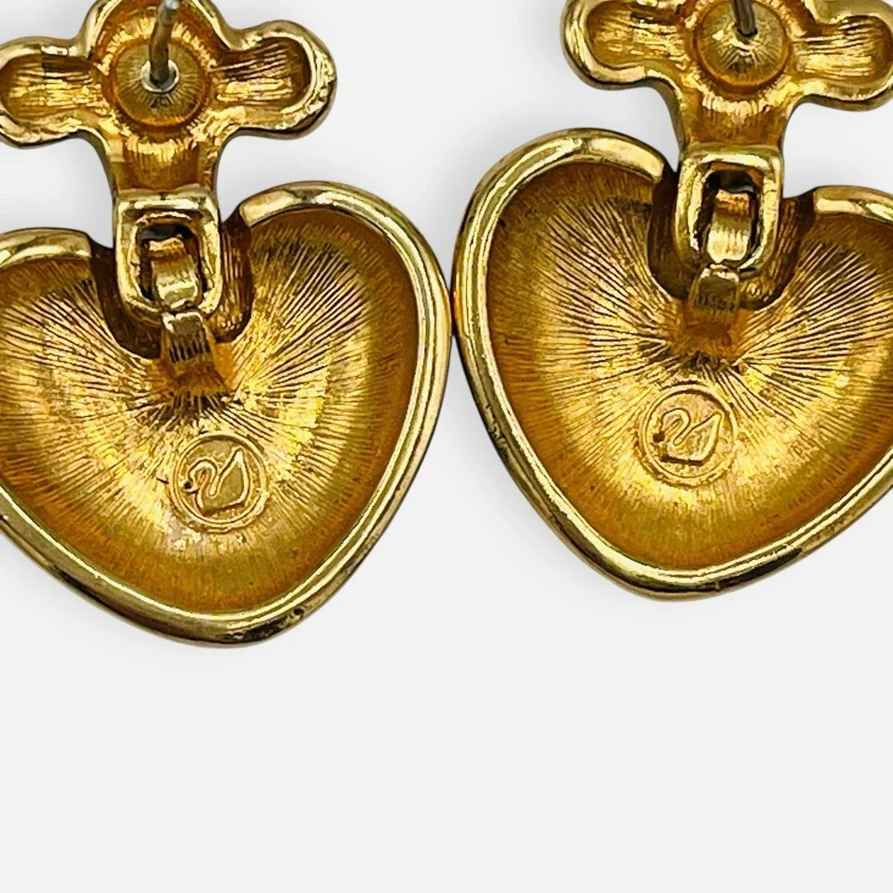 Vintage Swarovski Heart Clip Earrings Crystal Swan Navy‎ Blue Enamel Gold Dangle